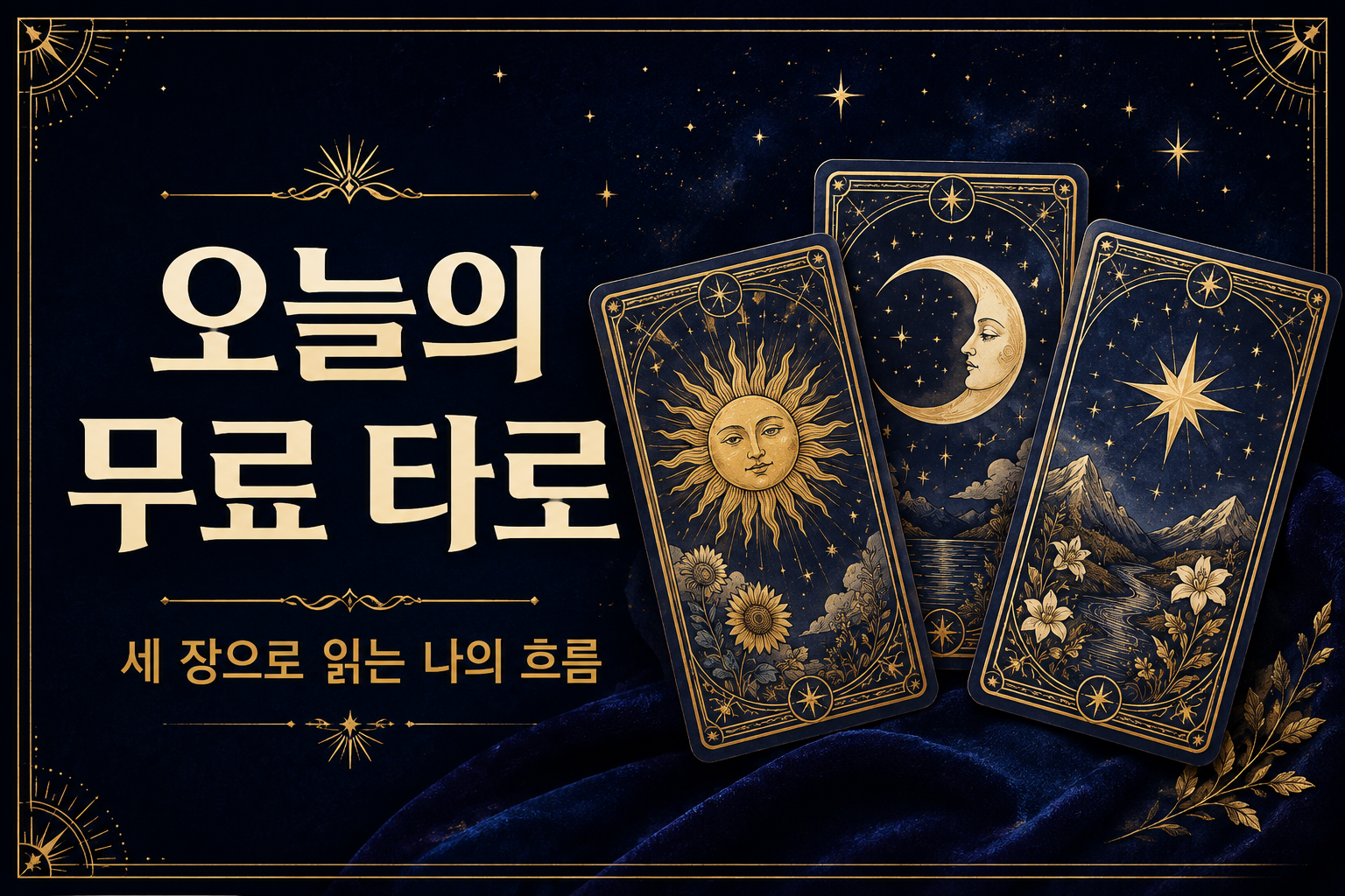 오늘의 무료 타로 — 태양·달·별을 그린 카드 세 장과 세 장으로 읽는 나의 흐름 문구