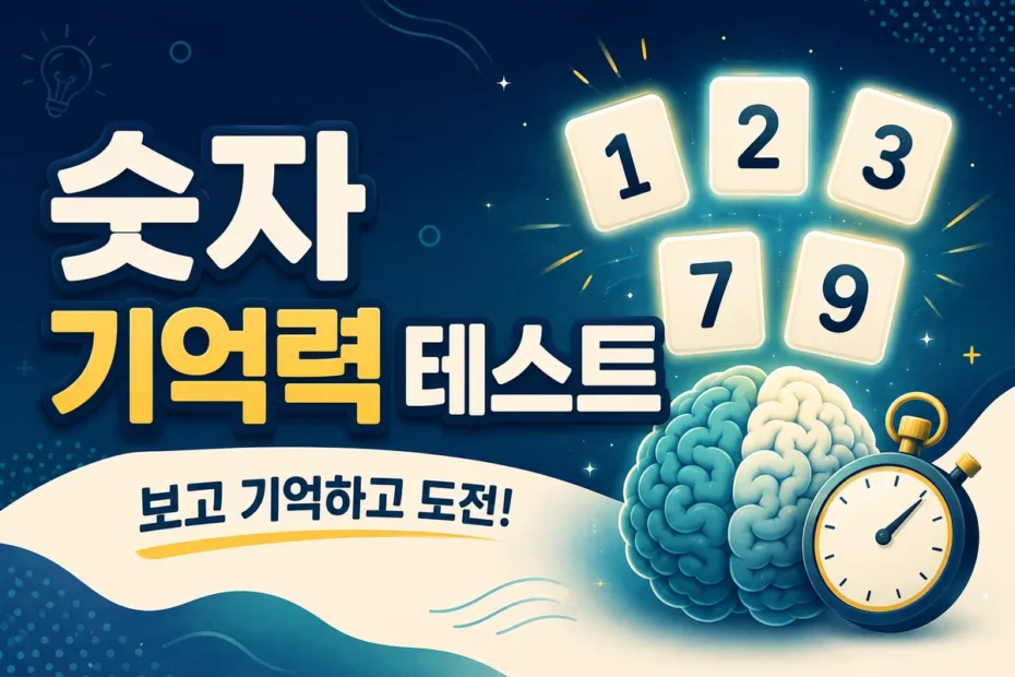 숫자 기억력 테스트, 숫자 카드와 뇌 및 초시계 일러스트
