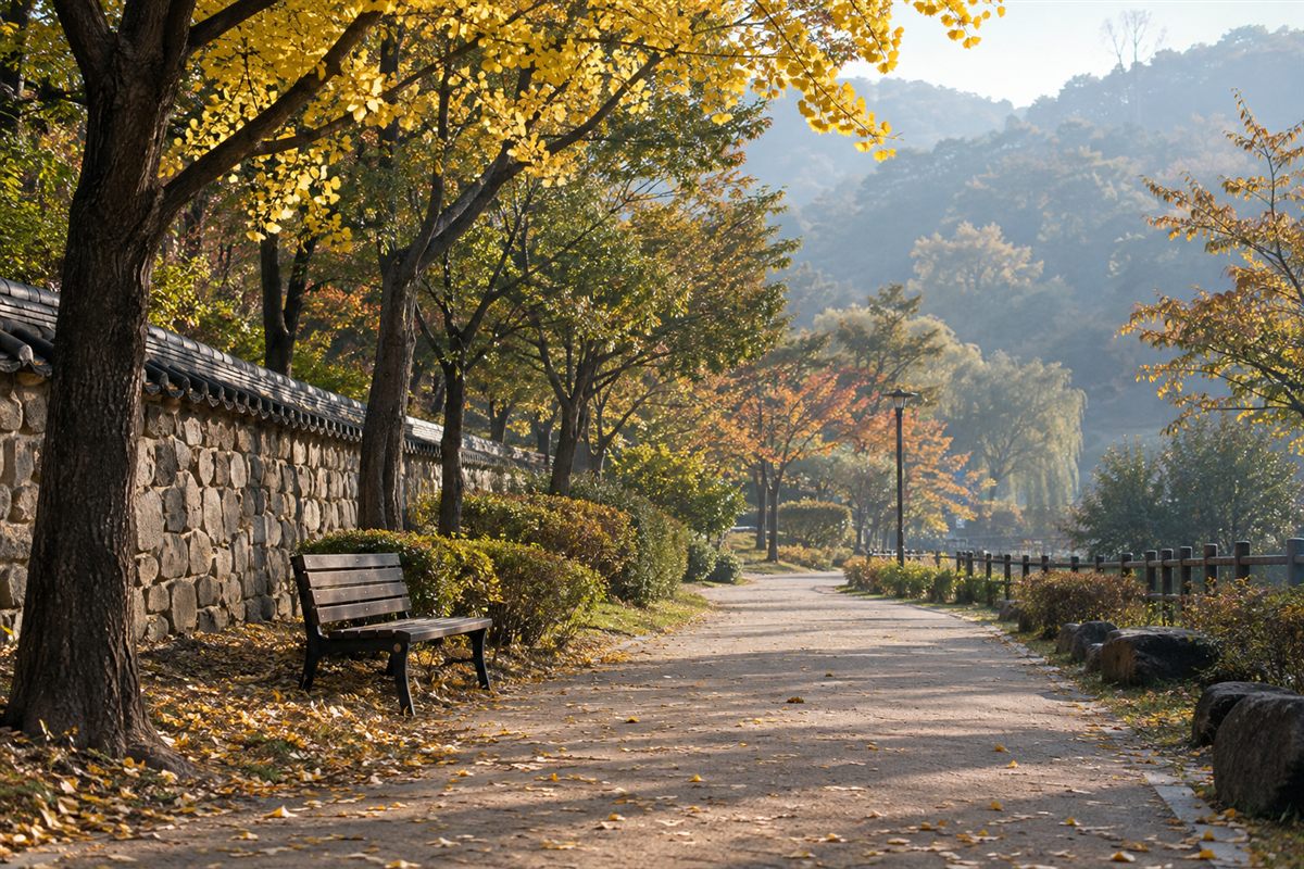 가을 아침 햇살 아래 노랗게 물든 나무와 돌담 옆 빈 벤치