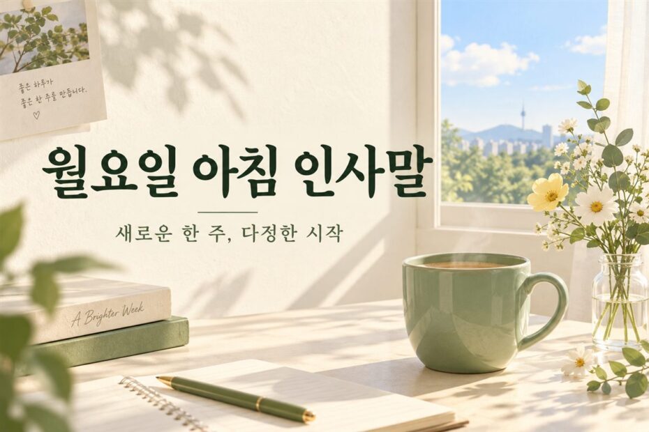 월요일 아침 인사말 – 햇살이 드는 창가의 커피와 꽃