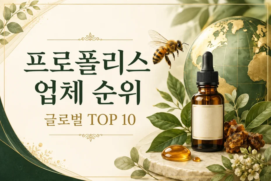 프로폴리스 업체 순위 글로벌 TOP 10과 벌, 잎, 지구본 일러스트
