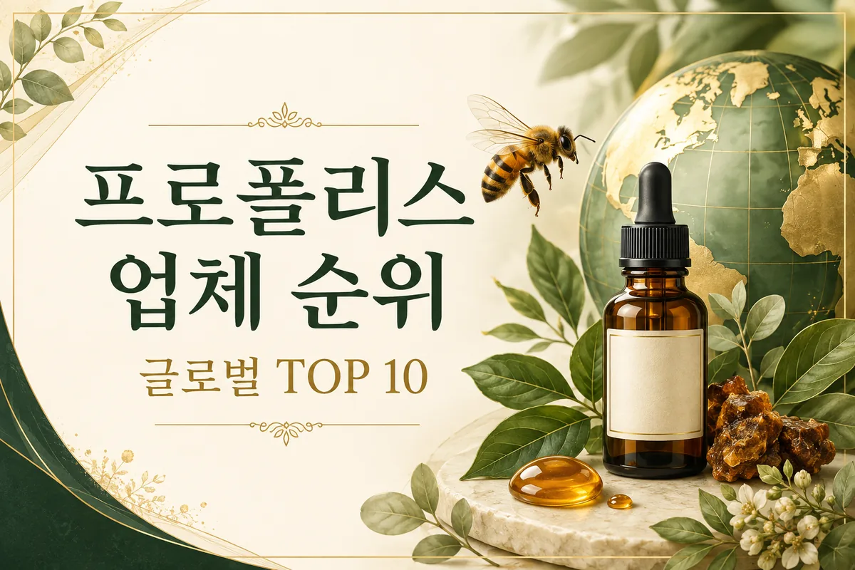 프로폴리스 업체 순위 글로벌 TOP 10과 벌, 잎, 지구본 일러스트