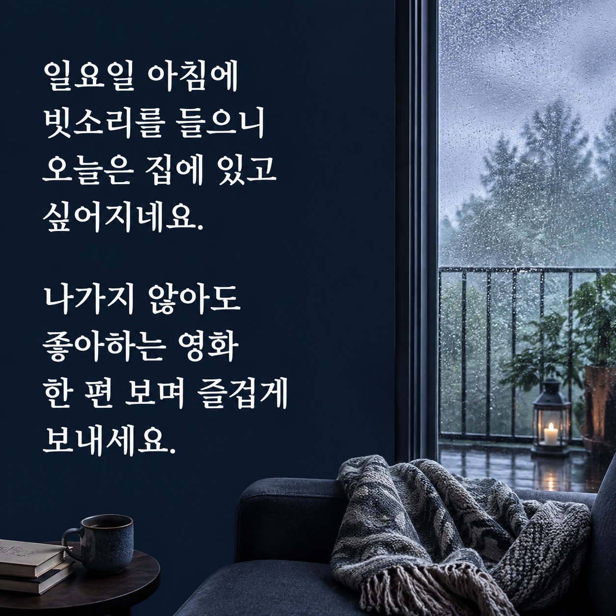 비 오는 날 실내에서 아침 인사말 글귀 이미지