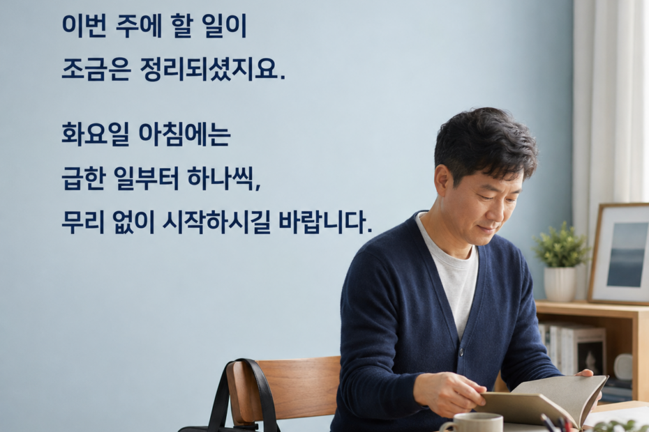 화요일 아침 인사말 - 책상에서 하루를 준비하는 남성과 차근차근 시작하자는 응원 문구