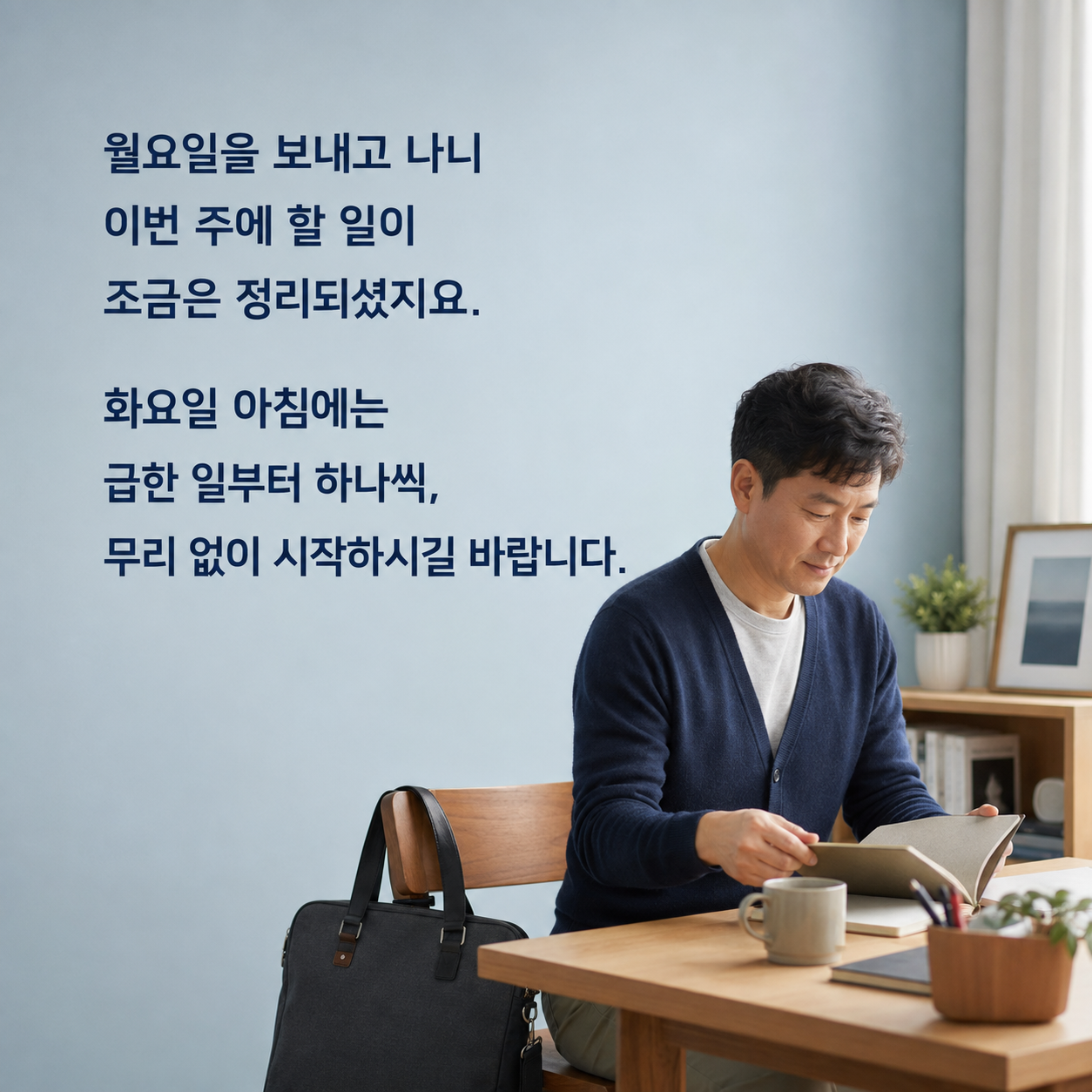화요일 아침 인사말 - 책상에서 하루를 준비하는 남성과 차근차근 시작하자는 응원 문구