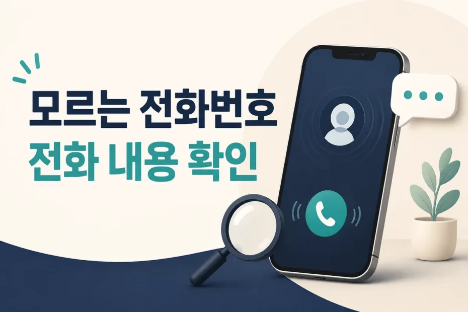 모르는 전화번호와 전화 내용 확인을 안내하는 스마트폰과 돋보기 일러스트
